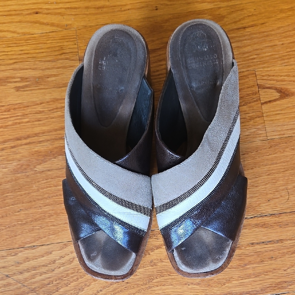 Brunello Cucinelli Brown and Cream Leather Sandals